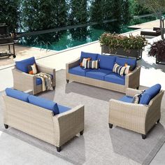 Crafted from durable wicker material, each piece combines style with resilience, ensuring long-lasting enjoyment in any outdoor setting. With its minimalist design, this sofa set effortlessly enhances any outdoor space with its timeless appeal. Whether hosting gatherings or enjoying quiet moments alone, this sofa set provides ample seating without compromising on comfort. The ergonomic design and plush cushions create a cozy retreat, perfect for relaxation in the fresh air. Color: Blue. Wicker Material, Outdoor Conversation Sets, Rattan Furniture Set, Furniture Sofa Set, Garden Backyard, Furniture Sofa, Wicker Chairs, Patio Outdoor, Outdoor Setting