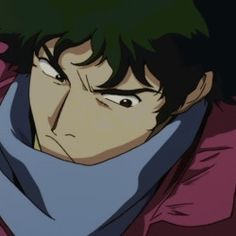 an anime character with green hair wearing a pink coat and blue scarf looking at the camera