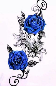 two blue roses with swirls and leaves on white paper