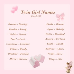 a baby girl name list with pink hearts and angel wings on it's side