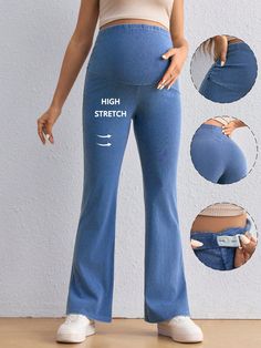 Maternity Casual Stretch Skinny Flared Jeans, Blue, Pregnancy Clothes Blue    Denim Plain  High Stretch  Maternity Clothing, size features are:Bust: ,Length: ,Sleeve Length: Maternity Casual, Shein Maternity, Shein Jeans, Pregnancy Clothes, Stroller Hooks, Casual Maternity, Jeans Casual, Maternity Clothing