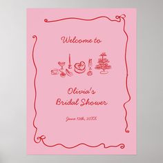 a pink wedding shower sign with the words welcome to victoria's bridal shower