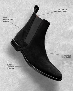 Oro Los Angeles Classic Black Chelsea Boots handcrafted in Spain with Suede and Quality Leather | Suede Back Strip and Pull Tab that makes them easy to get on and off | They have a Sleek Silhoueette with a Round Almond Toe | Ankle High Suede Leather Boots | International and Domestic Shipping | Black Leather Outsole | Innovative Design | wardrobe Essential | Chelsea Boots Outfit | Chelsea Boots with Jean | Botas Chelsea | Mens Boot Fashion | Botas Chelsea Hombre #chelseaboots #leatherboots Chelsea Boots With Jeans, Black Suede Chelsea Boots, Chelsea Boots Style, Chelsea Boots Outfit, Boots Men Outfit, Botas Chelsea, Suede Chelsea Boots, Genuine Leather Boots, Suede Leather Boots