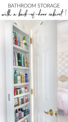 bathroom storage with the door open and lots of products in it