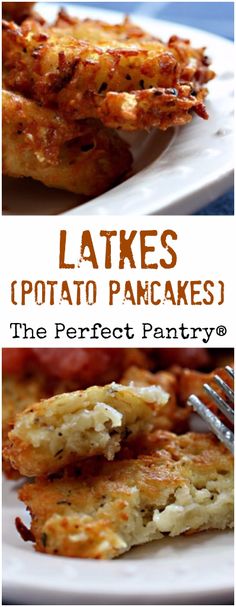 two plates filled with potato pancakes on top of a white plate next to a fork