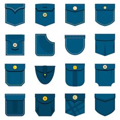 Pocket types icons set in flat style | Premium Vector #Freepik #vector #jeans-pocket #denim #jeans-pants #denim-jeans Mens Shirt Pocket Design, Latest Male Senator Designs, Male Pocket Design, Different Pockets Types, Pocket Designs Fashion, Senator Pocket Styles, Pocket Design Fashion Style, Types Of Pockets Fashion, Senator Pocket Designs