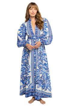 Flora Tapestry Maxi Dress | Everything But Water Vacation Maxi Dress With Button Closure And Long Sleeves, Spring Long Sleeve Maxi Dress With Button Closure, Bohemian Long Sleeve Midi Dress With Buttons, Long Sleeve Buttoned Midi Dress For Vacation, Long Sleeve Maxi Dress With Buttons For Vacation, Chic Long Sleeve Maxi Dress With Button Closure, Blue Bohemian Maxi Dress With Buttons, Bohemian Blue Maxi Dress With Buttons, Bohemian Maxi Dress With Button Closure