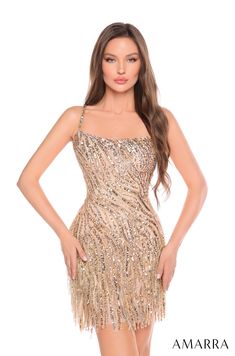 Make an impact in this beaded jersey short sleeveless corset dress with fitted bodycon skirt by Amarra 94286. Finished with luxurious beading, this Amarra scoop neckline beaded cocktail dress with beaded and sequin fringe on the skirt is a dazzling work of art, designed for admiration. Exquisitely adorned with a mosaic of shimmering bead detailing, the featured bead and sequin fringing on the skirt are a chic extra that brings a layer of texture and substance to the design. With an air of playfu Luxury Dress Short, Surprise Dance Outfits, Sequin Fringe Skirt, Printed Wedding Dress, Princess Fantasy, Surprise Dance, Military Ball Dresses, Champagne Dress, Beaded Cocktail Dress