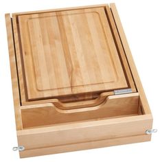 a wooden box with two compartments for cutting boards