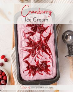 cranberry ice cream in a pan on a table