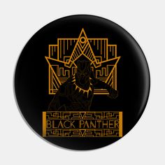 the black panther logo on a gold and black button with an image of a man holding a