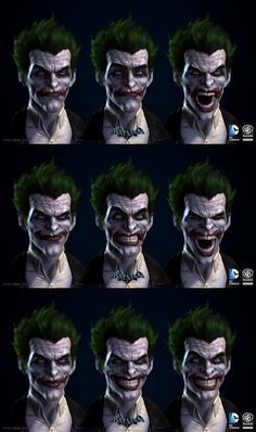 the joker's face is shown in many different angles, including his green hair