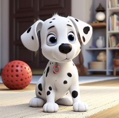 a dalmatian puppy sitting on the floor next to a red ball and bookshelf