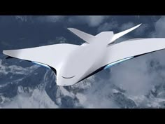 an artist's rendering of a futuristic flying vehicle in the sky with mountains and clouds behind it