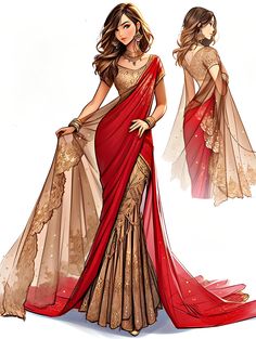 Saree Designs Drawing, Indian Fashion Drawing, Indian Clothes Drawing, Traditional Wear Illustration, Lehenga Drawing, India Traditional Dress, Sari India, Traditional Indian Dress