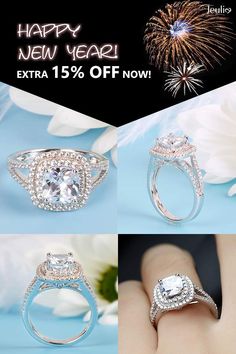 New Year New Jewelry! A Brilliant Halo Split Shank Cushion Cut Sterling Silver Engagement Ring at Jeulia. Extra 15% Off Now! #JeuliaJewelry#EngagementRing#NewYearsGift Gift White Halo Ring, White Halo Ring As Gift, White Diamond Ring With Halo Design As Gift, White Halo Design Rings As Gift, White Halo Ring Perfect As A Gift, White Halo Ring Gift, White Halo Setting Ring Gift, White Halo Design Jewelry For Anniversary, Princess Cut Halo Design Promise Ring