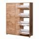 a wooden cabinet with white plates and napkins on it's shelves in front of a wall