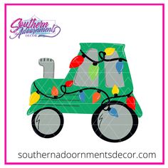 a green toy truck with christmas lights on it's front and the words southern adventures written