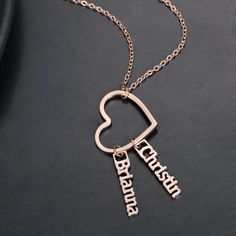 Rose Gold Custom Name Necklace With Three Dangle Best Friends Names Necklace Personalized Jewelry Chain For Women Ladies Personalized Open Heart Stainless Steel Necklace, Personalized Open Heart Name Necklace, Heart-shaped Name Necklace For Personalized Gift, Custom Name Heart Pendant Necklace As Personalized Gift, Custom Name Heart Pendant Necklace, Personalized Rose Gold Name Necklace With Heart Pendant, Personalized Heart Necklace With Custom Name, Custom Name Rose Gold Heart Pendant Necklace, Custom Name Heart Necklace For Personalized Gift