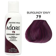 ADORE SEMI PERMANENT No Ammonia, No Peroxide, and No Alcohol. Adore’s exclusive formula offers a perfect blend of natural ingredients providing rich color, enhancing shine, and leaving hair soft and silky This product must not be used on eyebrows or eyelashes, as it may cause blindness. ABOUT THIS ITEM Vibrant Color Quick and Easy to use Made in USA Free of Alcohol, Peroxide, and Ammonia Vegan and Cruelty Free Burgundy Plum Hair Color, Burgundy Hair Dye, Hair Dye Brands, Brunette Hair Cuts, Hair Color Plum, Blonde Dye, Plum Hair, Hair Color Formulas, Hair Color Burgundy