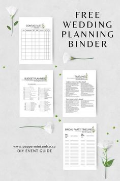 the free wedding planning binder is shown with flowers and greenery on it, along with