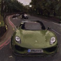 a painting of a green sports car driving down the road