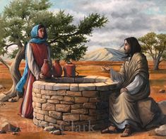 a painting of two people sitting around a well