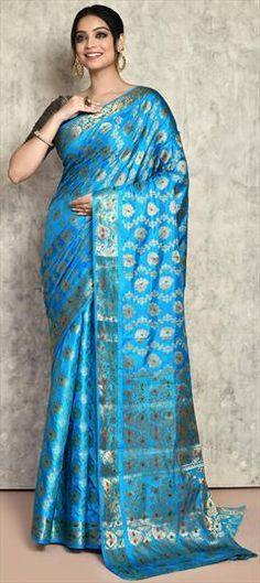 Blue color Saree in Kanjeevaram Silk fabric with Weaving, Zari work Blue Zari Work Traditional Wear For Diwali, Light Blue Traditional Wear With Zari Work For Reception, Blue Traditional Wear With Zari Work For Diwali, Blue Art Silk Traditional Wear For Diwali, Bollywood Style Handloom Saree For Reception, Semi-stitched Blue Traditional Wear For Puja, Festive Light Blue Saree For Reception, Blue Meenakari Semi-stitched Saree, Light Blue Zari Work Saree For Reception