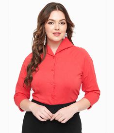 This vibrant, red 1950s beauty features a classic front button-up design that effortlessly blends vintage flair with modern style. The three-quarter length sleeves add just the right touch of elegance for any occasion. Made from soft, breathable fabric, you’ll feel as fabulous as you look all day long..Available in sizes XS-4X while supplies last. | Royal Monk 1950S Red Button Up Celia Blouse | Size Xlarge Red Semi-formal Button-up Top, Red Button-up Top For Semi-formal Occasions, Classic Half Sleeve Blouse, Red Semi-formal Tops For Spring, Fitted Half-sleeve Blouse With Buttons, Fitted Half Sleeve Blouse With Buttons, Classic Fitted Short Sleeve Blouse, Classic Fitted Half Sleeve Blouse, Classic Fitted Half-sleeve Blouse