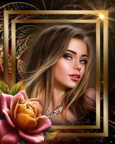 a digital painting of a beautiful woman with long blonde hair and blue eyes holding a rose