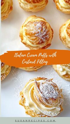 there are many pastries on the plate with orange lettering that says italian cream puffs with custard filling