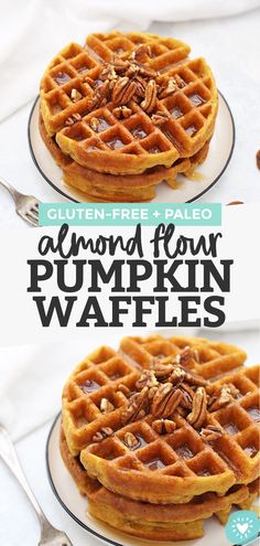 two plates with waffles on them and the words gluten - free paleo almond flour pumpkin waffles