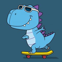 a cartoon dinosaur riding a skateboard with sunglasses on it's head and arms