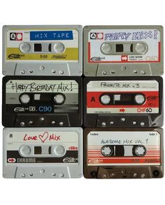 four old school cassette tapes with the words happy birthday mix written on each one side