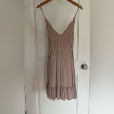 Worn Once Like New Tan Light Pink Dress Beige Mini Dress For Brunch During Beach Season, Casual V-neck Mini Dress For Summer Outings, Summer V-neck Mini Dress For Outings, V-neck Mini Dress For Summer Outings, V-neck Summer Mini Dress, Casual Sleeveless Midi Dress For Summer Outings, Beige Lined Summer Mini Dress, Beige Summer Sundress For Daytime, Beige Knee-length Mini Dress For Vacation