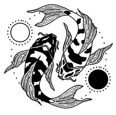 two black and white koi fish swimming in the water with circles around them on a white background