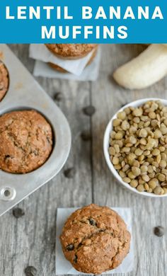 banana muffins with chocolate chips in the middle and two bananas next to them