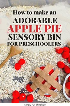 pie sensory bin, fall sensory bin ideas Apple Sensory Bin, Pie Sensory Bin, Sensory Bin For Preschoolers, Apple Sensory, Preschool Apple Theme, Sensory Activities For Preschoolers, Thanksgiving Activities Preschool, Apple Picking Season