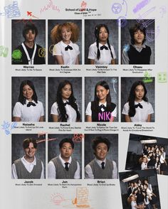 a group of young people in school uniforms posing for a photo with their name written on them