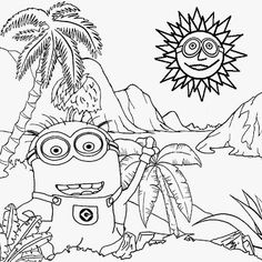 a cartoon minion is standing in the jungle with palm trees and sun behind him