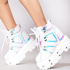 New Anthony Wang X Lasr Exclusive Mangosteen 05 Digital Dream Platform Wedges The Anthony Wang X Lasr Exclusive Digital Dream Platform Wedge Sneakers Are The Ultimate Rave Sneakers That Any Raver Would Ever Dream Of. These Exclusively Made For La Style Rush Platform Sneakers Features A Smooth White-Colored Vegan Leather Upper Contrast With Iridescent Trimmings, A Built-In Inner Wedge For Height, A Molded Platform Sole With Beaming Studded Details, High Traction Sole, And Lace-Up Closure. In Othe Squid Game Cosplay, Anthony Wang Shoes, Shoe Cupcakes, Roller Shoes, Festival Outfits Rave, La Style, Game Cosplay, Sparkly Heels