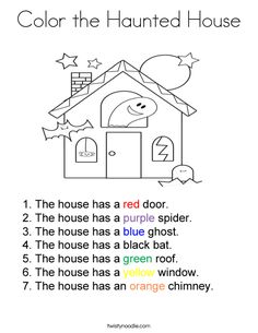 the color the haunted house worksheet for kids to learn how to read it