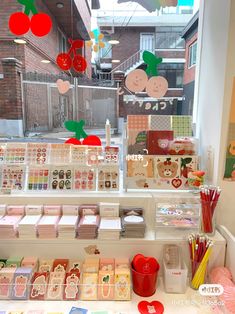 an assortment of goods displayed in a store window