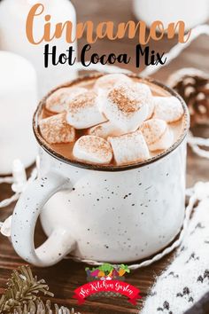 cinnamon hot cocoa mix in a mug with marshmallows and pine cones on the side