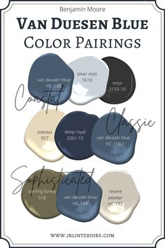 JRL Interiors — Best Blue Paint Color Pairings Dark Blue Interior Paint Colors, Popular Blue Paint Colors 2023, Historic Blue Paint Colors, 2024 Blue Paint Colors, Van Duesen Blue, Van Deusen Blue, Blue Paint Color, Cape Style Homes, Sky And Water