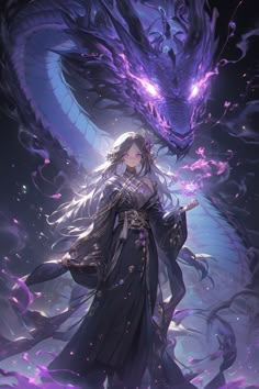 a woman standing in front of a dragon with long hair and wearing a purple dress