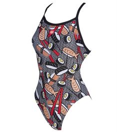 a women's one piece swimsuit with cartoon characters on it