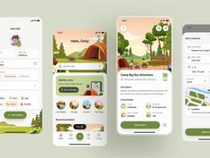 three mobile screens showing different activities in the game, including camp day adventure and camping