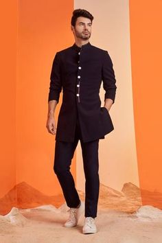 Shop for S&N by Shantnu Nikhil Blue Poly Blend Mandarin Collar Sherwani for Men Online at Aza Fashions Shantanu And Nikhil, Sherwani For Men, Formal Mens Fashion, Formal Style, S N, Mandarin Collar, Aza Fashion, Designer Outfits Woman, Sleeve Type