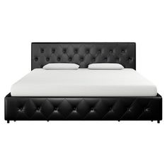 a bed with black leather headboard and white sheets on the bottom, in front of a white background